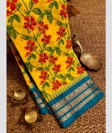 Yellow and Teal gadwal cotton sarees with all over printed design
