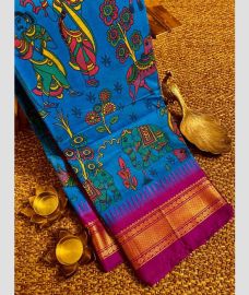 Blue and Deep Pink gadwal cotton sarees with all over printed design