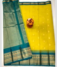 Teal and Yellow gadwal cotton sarees with kanchi border design