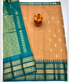 Teal and Lite Brown gadwal cotton sarees with kanchi border design