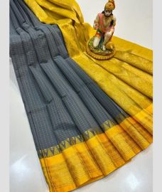 gray colourand gold colour gadwal cotton sarees with temple border design