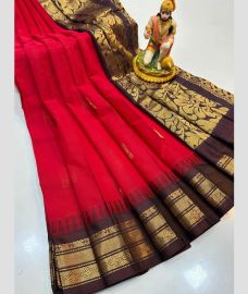 magenta red and brown colour gadwal cotton sarees with temple border design