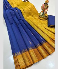 blue and olive colour gadwal cotton sarees with temple border design