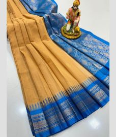 brown and blue colour gadwal cotton sarees with temple border design