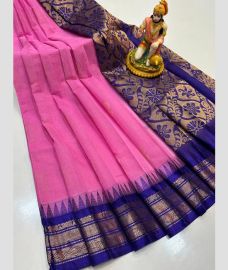 pink and brown colour gadwal cotton sarees with temple border design