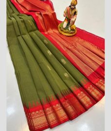 green and magenta colour gadwal cotton sarees with temple border design