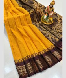 orange and brown colour gadwal cotton sarees with temple border design