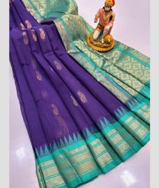 violet and silver colour gadwal cotton sarees with temple border design