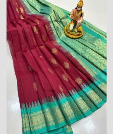 maroon and cyan blue colour gadwal cotton sarees with temple border design
