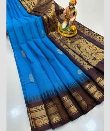 blue and brown colour gadwal cotton sarees with temple border design