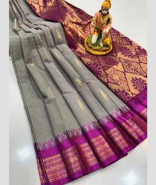 gray colour gadwal cotton sarees with temple border design