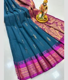 blue colour gadwal cotton sarees with temple border design