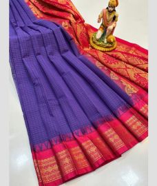 violet colour gadwal cotton sarees with temple border design