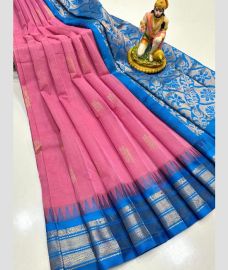 pink and silver colour gadwal cotton sarees with temple border design