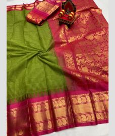 olive green colour gadwal cotton sarees with All over Checks design