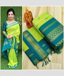 green colour gadwal cotton sarees with All over Buttas design