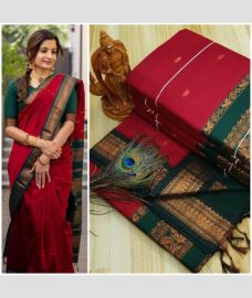 maroon red colour gadwal cotton sarees with All over Buttas design