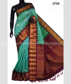 Turquoise and Chocolate gadwal pattu sarees with temple Kuttu border design - GDWP0005757