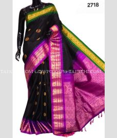 Black and Magenta gadwal pattu sarees with temple Kuttu border design - GDWP0005759
