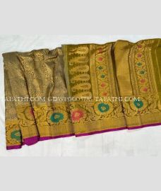 Golden and Lite Green gadwal pattu sarees with All over Brocade design - GDWP0005785