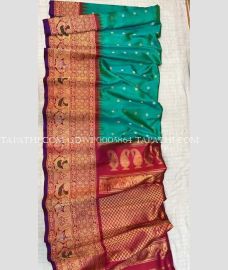 Turquoise and Pink gadwal pattu sarees with turning border design - GDWP0005864