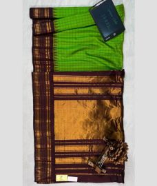 Green and Brown gadwal pattu sarees with All over Checks design