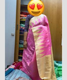 Hot Pink and Cream gadwal pattu sarees with temple Kuttu border design