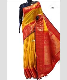 Yellow and Bean Red gadwal pattu sarees with Temple Border design