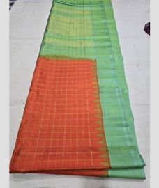 Orange and Fern Green gadwal pattu sarees with All over Checks design