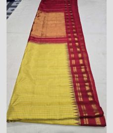 Yellow and Maroon gadwal pattu sarees with All over Checks design
