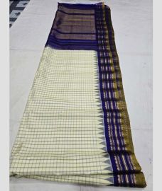 Cream and Navy Blue gadwal pattu sarees with All over Checks design