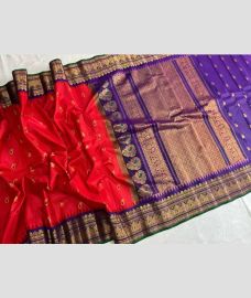 Red and Purple gadwal pattu sarees with Temple Border design