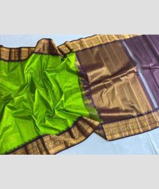 Parrot Green and Grey gadwal pattu sarees with All over Checks and Buttas design