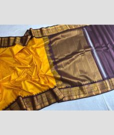 Yellow and Grey gadwal pattu sarees with All over Checks and Buttas design