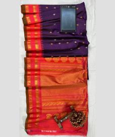 Plum Purple and Orange gadwal pattu sarees with All over Checks and Buttas design