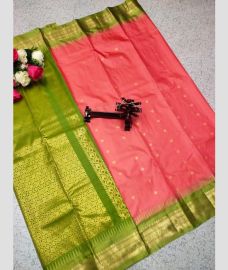 coral and olive green colour gadwal pattu sarees with All over Buttas design