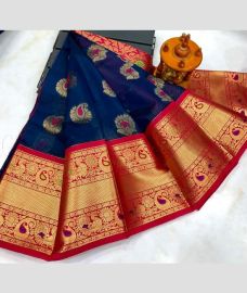blue and brown colour gadwal pattu sarees with All over Buttas design
