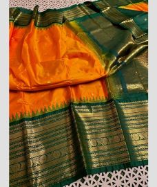 orange and brown colour gadwal pattu sarees with Temple Border design