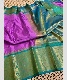 purple and brown colour gadwal pattu sarees with Temple Border design