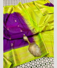 purple and olive colour gadwal pattu sarees with Temple Border design