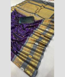 violet and brown colour gadwal pattu sarees with All over Buttas design