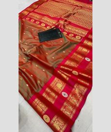 brown colour gadwal pattu sarees with All over Buttas design