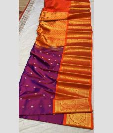 purple and gold colour gadwal pattu sarees with All over Buttas design