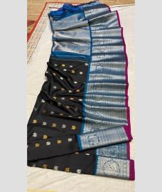 silver and block colour gadwal pattu sarees with All over Buttas design