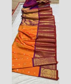 orange colour gadwal pattu sarees with All over Buttas design