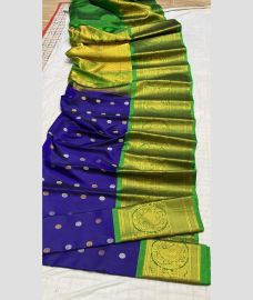 navy blue and green colour gadwal pattu sarees with All over Buttas design