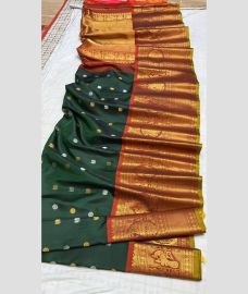 green and brown colour gadwal pattu sarees with All over Buttas design