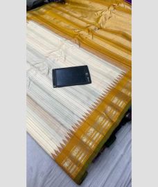 white and yellow colour gadwal pattu sarees with All over Lines design