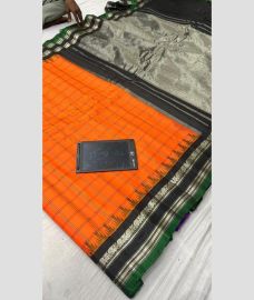orange and silver colour gadwal pattu sarees with All over Lines design