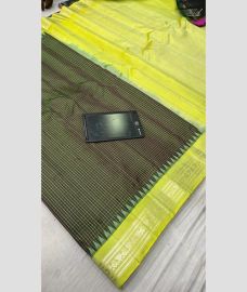 yellow and charcoal colour gadwal pattu sarees with All over Lines design